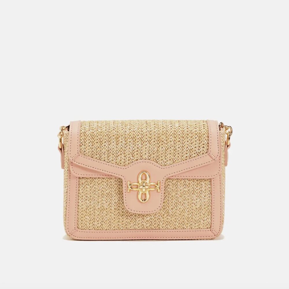 NWT Pink and Vegan Leather Straw Crossbody Bag